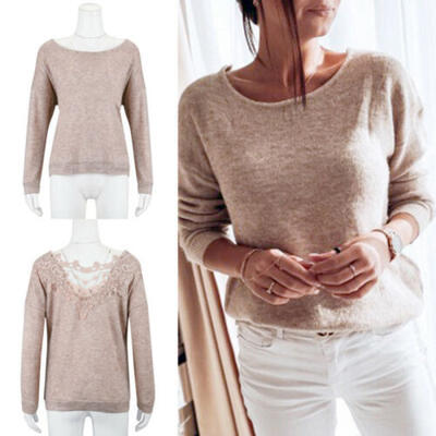 

Sexy Elegant Lace Stitching Backless Pullover Women Long Sleeve Tops T Shirts