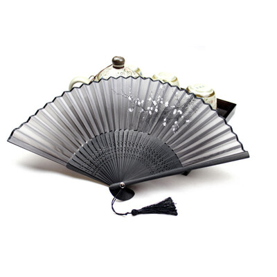 

Black Chinese Japanese Folding Hand Held Fan Silk&Bamboo Flower Pocket Fan Party Supplies