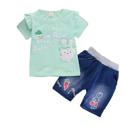 

Girls Clothes Summer Bow Cartoon Rabbit Short Sleeve Jeans 2pcs clothing Set