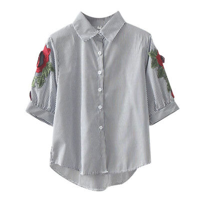 

New Fashion Ladies Embroidery White Blouse Summer Women Flower Embroidered Short Sleeve Casual Slim Shirt Tops