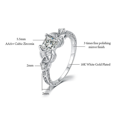 

Vintage 925 Sterling Silver Celtic Knot Princess Cut 12Ct Cubic Zirconia Solitaire Engagement Ring Bride Wedding Ring