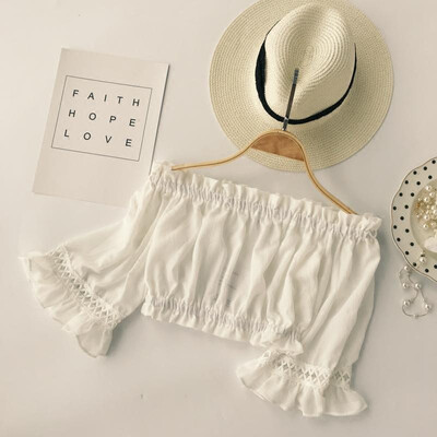 

Korean Summer Blouse Woman Spring Slash Neck Half Flare Sleeve blusas Solid Chiffon Ruched Womens Tops And Blouses Harajuku