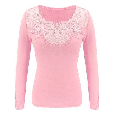 

Women O-Neck Characteristic Lace Ironing beads Tee Top Slim Fit Long Sleeve Womens Fashion Top