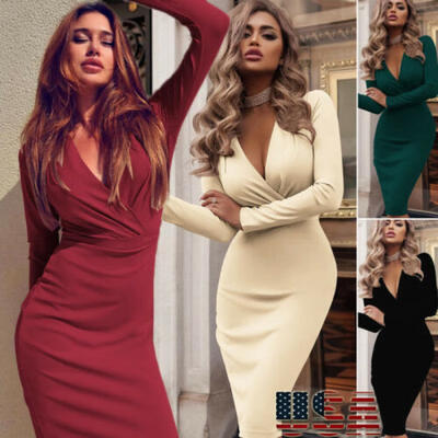 

US Womens V Neck Long Sleeve Bodycon Evening Cocktail Party Short Midi Dress