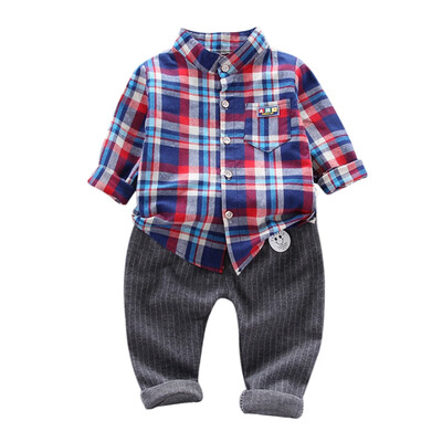 

New Casual Baby Boys Clothes 2pcs Autumn Children clothing Long Sleeve Plaid Print Shirt TopsPants Trouser Set 5 colors