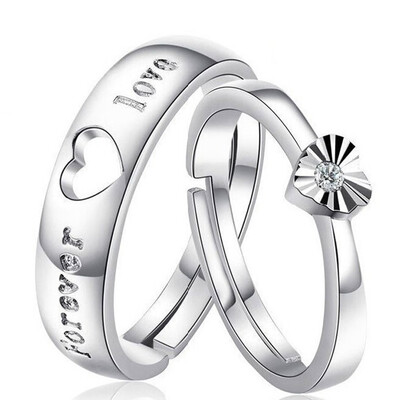 

925 Sterling Silver Lovers Heart Silver Crystal Couple Rings Her&His Promise Ring
