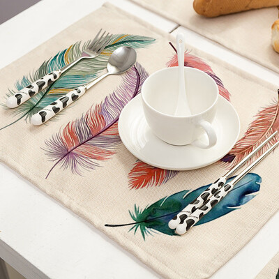 

Toponeto Feather Pattern Cotton Linen Table Placemats Dinner Kitchen Pad Coaster Mats A