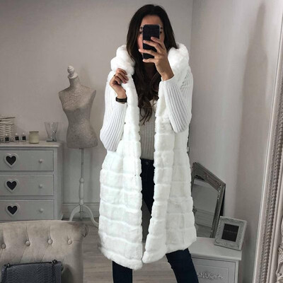 

Women Faux Fur Jacket Fluffy Solid Color Stripes Hooded Neckline Sleeveless Long Elegant Outerwear