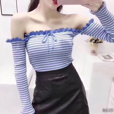 

Ruffles Striped Sweaters Womens Fashion Sexy Knitting Off Shoulder Slash Neck Thin Sweater Pullover Top Fall Clothing Jumper