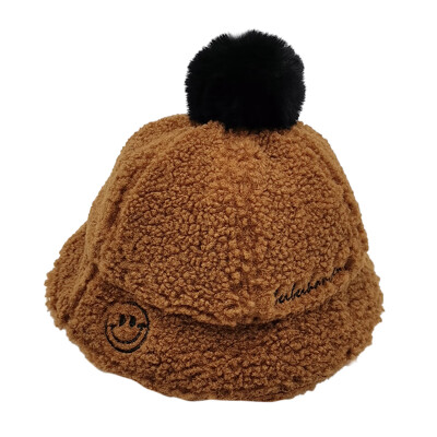 

Warm Kids Girls Boys Baby Plush Ball Design Winter Newborn Cute Smile Hats Knitted Hemming Caps