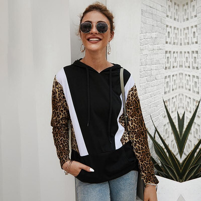 

Women Loose Hoodies Hooded Sweatshirt Drawstring Leopard Splicing Pocket Front Autumn Spring Pullovers Casual Tops Outwear