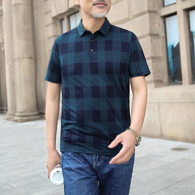 

Tailored Fashion Men Middle-aged Plaid Slim Slim Short Sleeve Turn-down Collar T-shirts