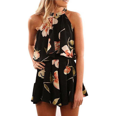 

Women Rompers print Jumpsuit Sexy Cold Shoulder Beach Rompers pleated Jumpsuit Playsuit Sleeveless Summer Style Rompers