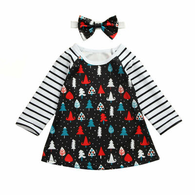 

Christmas Infant Baby Girls Kid Clothes Long-sleeved Skirt Xmas Striped Dress