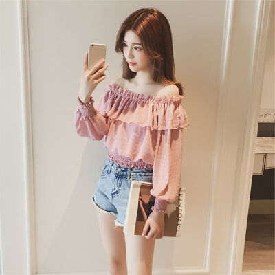

EFINNY Women Sexy One Word Collar Chiffon Tops Slim Solid Color Ruffled Long Sleeve Female Ladies T-shirt Elastic Waist Tops
