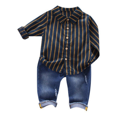 

Comfort 2 Piece Clothing Set Long Sleeve Stripe Shirt Denim Pants Trouser Set Casual Suit Toddler Boy Outfit Set