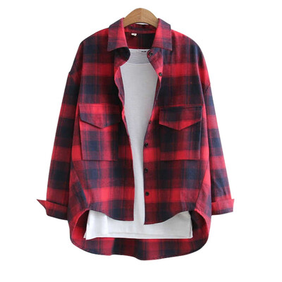 

ROPALIA Women Blouses Long Sleeve Shirts Cotton Red&Black Flannel Plaid Shirt Casual Female Plus Size Blouse Tops