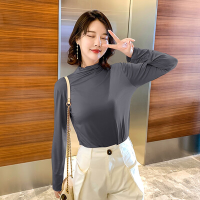 

Gobestart Fashion Women Top High Collar Pure Color Elegant Long Sleeve Casual Blouse