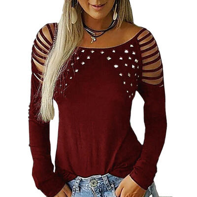 

Women Autumn Hollow Out Tops Long Sleeve Solid Color O-neck Diamond T-shirt