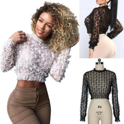 

Fashion Women Sexy Lace Long SLeeve Mesh Sheer Cropped Top Short T-Shirt Blouses
