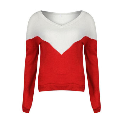 

Women Autumn Knit Sweater Sexy V-Collar Slim Plus Size Color Matching Long-Sleeved Casual Wild Tops
