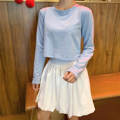 

Womens Solid Round Neck Loose Casual Crop Top Blouse Long Sleeve Warm Pullover