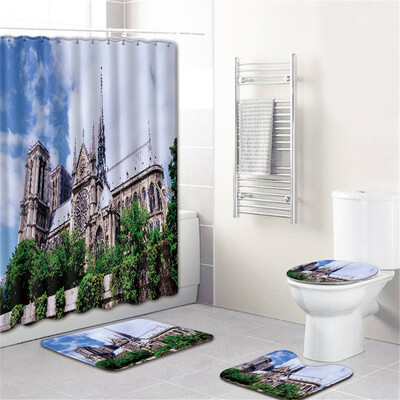 

Gobestart Waterproof Bathroom Shower Curtain Set Non-Slip Rug Toilet Lid Cover Bath Mat