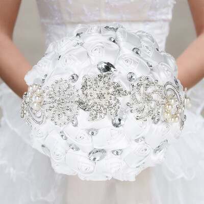 

21cm Handmade Wedding Brooch Rhinestone Bridal Bouquet Satin Rose Flower with Artificial Pearls Decorated for Bride Wedding Suppli