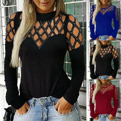 

Fashion Women Hollow Out Long Sleeve Casual Shirt Top O-Neck Autumn Blouse Top