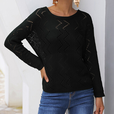 

Tailored Women Casual Solid Knitted Hollow out Long Sleeve Sweater Top Blouse