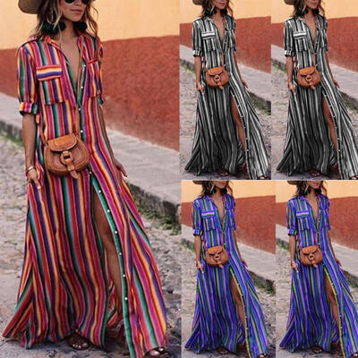 

Summer Women Slim Elegant Floral Dress Long Short Sleeve Stripe Dress
