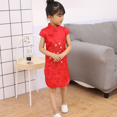 

Baby Girl Dress Rose Embroidery Short Sleeve Slim Traditional Dress Cheongsam Child Girls Clothes Chinese Style