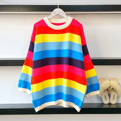 

Oversize Rainbow Womens Sweater Casual Plus Size Multicolor Knitted Autumn Winter Korean Kawaii Pullover Striped Female Knitwear