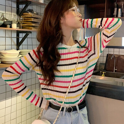 

Korean Style Women T-shirt Rainbow Striped Autumn Thin Knitted Tee Harajuku Long Sleeve Kawaii Ladies Tee Tops Femme