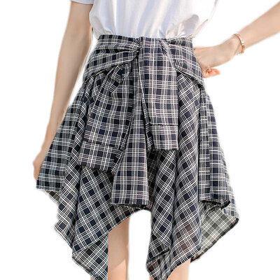 

Irregular Hem Plaid Casual Summer Skirt NewArrivals Sashes High Waist Shirt Skirts Girls Fashion Short Mini Casual Skirts