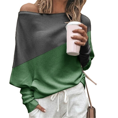 

Spring Autumn Women Sexy Color Block Off Shoulder Loose Long Sleeve T-Shirt Top