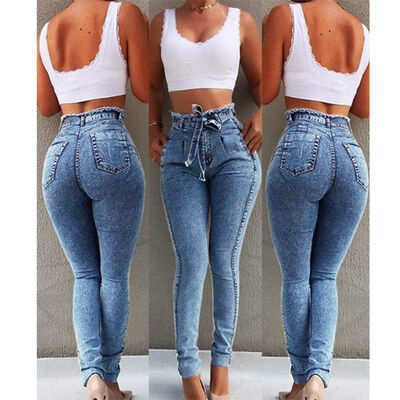 

Plus Size Women Jeans Fashion Shredded Jeans Casual High Waist Stretch Skinny Jeans For Women Denim Belt Cropped Pants