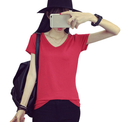 

Solid Color Summer Slim Fit Basic Top Casual Women V Neck Short Sleeve T-Shirt