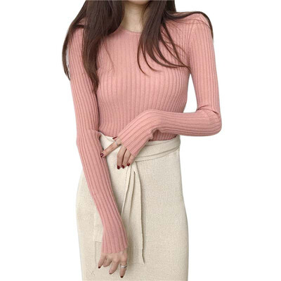 

Women Sweater Knit o-neck Pullovers Autumn Basic Female Sweaters Pullover Slim Fit Simple Solid Color Korean style Fashion top
