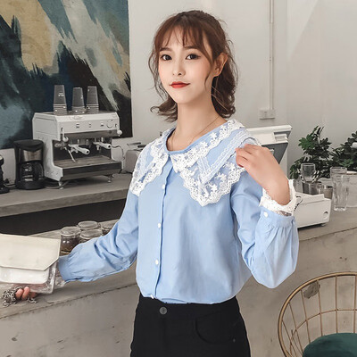 

Women Lace Collar White Blue Shirt Lacy Long Sleeve Shirts Korean Women Streetwear Slim Chiffon Blouse Elegant Ladies Tops