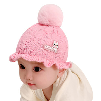 

Winter Newborn Cute Warm Kids Girls Boys Baby Ball Design Hats Cartoon Print Knitted Wool Hemming Caps