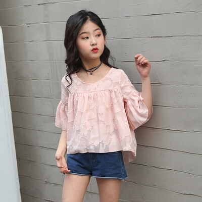 

Baby Girl Clothes Children Girls Casual Summer Lace Flare Sleeve T-shirtDenim Shorts Suits 2Pcs Costume Set Clothes for Girls