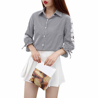 

New Women Summer Pearl Bow Sleeved Loose Blouse Shirt Striped Shirt Korean Cotton Blend Shirt Hollow Out Female Blusas