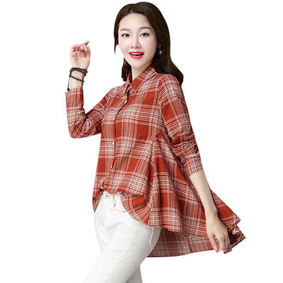 

Blouse women Loose Plaid Print Irregular blusas mujer de moda 2019 Hem Long Sleeve Lapel Button Casual Shirt blouse