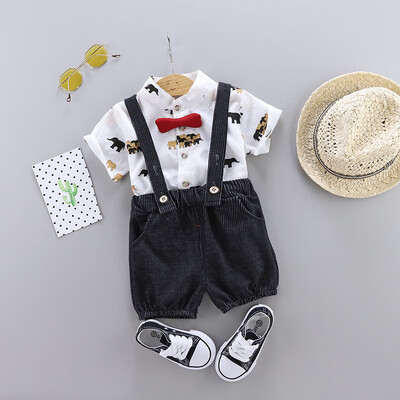 

Summer Baby Boy Short Sleeve Casual Cartoon Animal Shirt Tops Strap Shorts Gentle Outfits Clothes Set