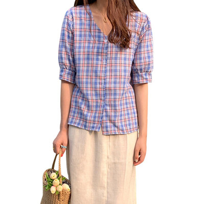 

Women Summer Blouse V-Neck Button Up Plaid Print Blouse Tops Short Sleeve Shirt Elegant Office Lady preppy style
