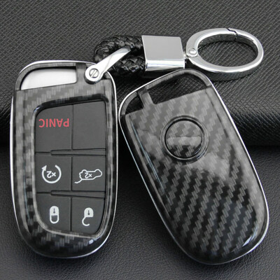 

Carbon Fiber Style Car Key Case Protector Cover Keychain Ring For Jeep Dodge New