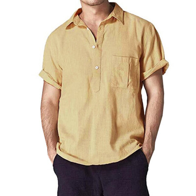 

Men Linen Short Sleeve Shirt Summer Cool Loose Casual V-Neck Shirts Tops