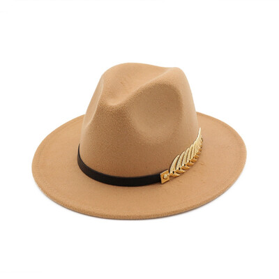 

Vintage Women Men Felt Wide Brim Fedoras Hat Trilby Jazz Gangster Cap With Leaf