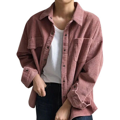 

Women Spring Autumn Lapel Long-Sleeved Solid Color Coat Loose Casual Pocket Corduroy Jacket